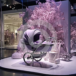 Purple silver whit Strollers baby designer store front inside lobby Generative AI