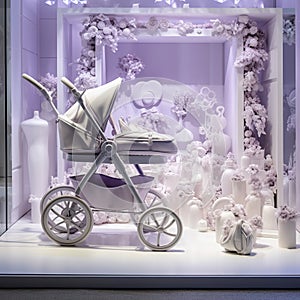 Purple silver whit Strollers baby designer store front inside lobby Generative AI