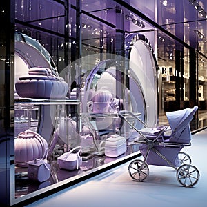 Purple silver whit Strollers baby designer store front inside lobby Generative AI