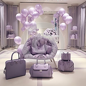 Purple silver whit Strollers baby designer store front inside lobby Generative AI