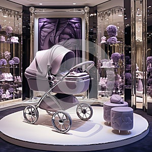 Purple silver whit Strollers baby designer store front inside lobby Generative AI