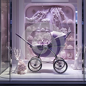 Purple silver whit Strollers baby designer store front inside lobby Generative AI