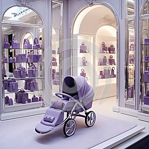 Purple silver whit Strollers baby designer store front inside lobby Generative AI