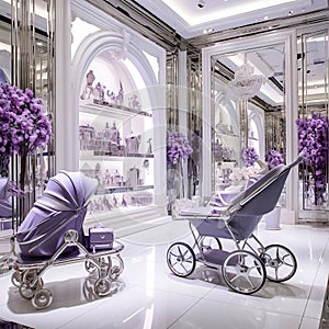 Purple silver whit Strollers baby designer store front inside lobby Generative AI