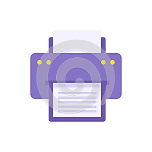 Purple simple printer with paper page for typing text vector illustration. Printout document list