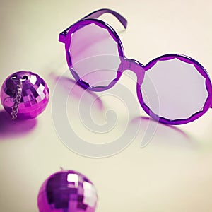 Purple sixties glasses with mini disco ball earrings