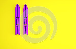 Purple Ski and sticks icon isolated on yellow background. Extreme sport. Skiing equipment. Winter sports icon