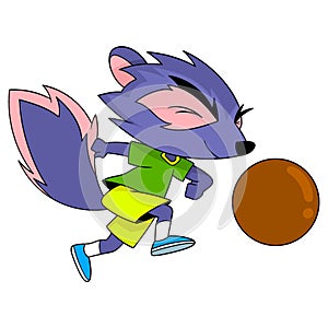 A purple skunk is playing soccer dribbling a ball