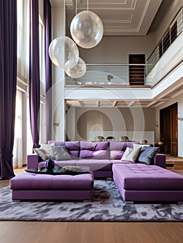 Purple sofa in room with high ceiling. Interior design of modern living room