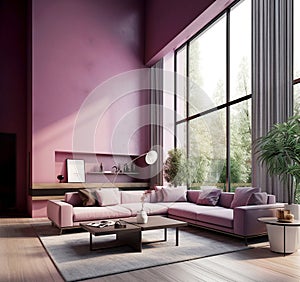 Purple sofa in room with high ceiling. Interior design of modern living room. Created with generative AI