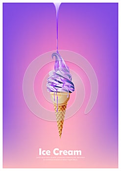 Purple soft ice cream cone, Pour melted violet syrup, blueberry lavender flavor, Vector illustration