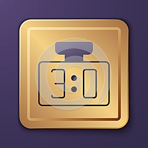 Purple Sport mechanical scoreboard and result display icon isolated on purple background. Gold square button. Vector