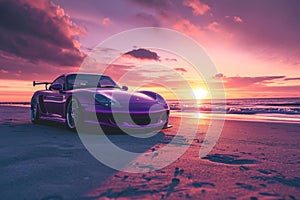 A purple sports car is parked on the sandy beach as the sun sets, creating a striking and colorful scene, A vibrant purple sports