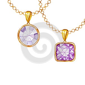 Purple square and round crystal gemstone with gold element. Watercolor drawing two Pendant with crystals on golden chain