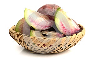 Purple star apple fruit with leaf.