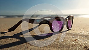 Purple sunglasses lie on the sand of the seashore.