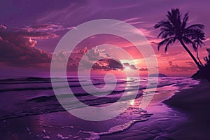 Purple Sunset on Tropical Beach With Palm Trees