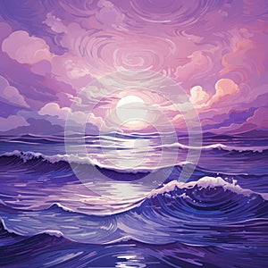 Purple Sunset And Waves: A Vibrant Neoclassicism Seascape Abstract