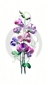 Purple Sweet Pea Flowers. A bouquet of purple and pink flowers with green stems