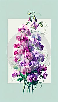 Purple Sweet Pea Flowers. A bouquet of purple and pink flowers with green stems