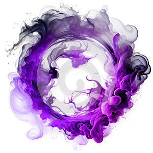 Purple swirling smoke circle frame isolated on white background.