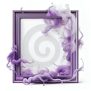 Purple swirling smoke square frame isolated on white background.