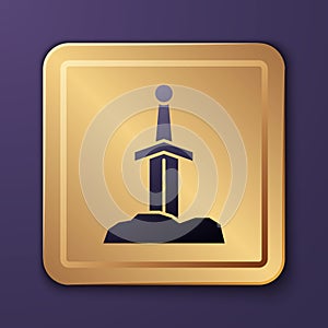 Purple Sword in the stone icon isolated on purple background. Excalibur the sword in the stone from the Arthurian legends. Gold