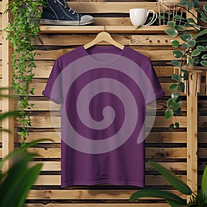 Purple T-shirt Hanging on Wooden Wall