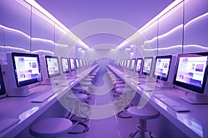 purple tech room with multiple monitors and laptops