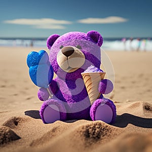 purple teddy bear eats ice cream on the beach