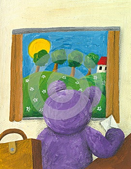 Purple teddy bear looking trough the window