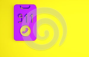 Purple Telephone with emergency call 911 icon isolated on yellow background. Police, ambulance, fire department, call