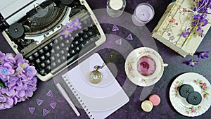 Purple theme vintage writers blog header overhead flat lay.