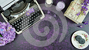 Purple theme vintage writers blog header overhead flat lay.
