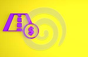 Purple Toll road traffic sign. Signpost icon isolated on yellow background. Pointer symbol. Street information sign