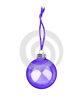 Purple transparent glass ball hanging on ribbon white background isolated close up, violet ÃÂ¡hristmas tree decoration, new year