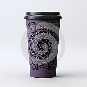 Purple Cup With Occultist Design: Photorealistic Detailing And Precisionist Lines