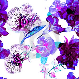 Purple Tropical Jungle. Pink Seamless Painting. Colorful Pattern Jungle. Indigo Watercolor Set.Summer Palm.Exotic Garden. Floral B