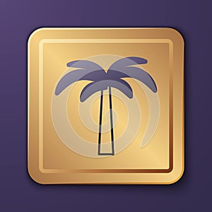 Purple Tropical palm tree icon isolated on purple background. Coconut palm tree. Gold square button. Vector