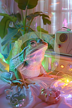 A Purple True frog is next to a radio and terrestrial plant