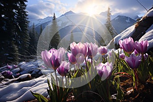 purple tulips grow out from the snow in a forest