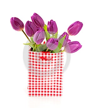 Purple tulips in a red white checkered giftbag