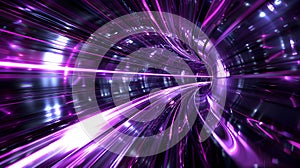 Purple tunnel with light streaks. Futuristic technology concept. Abstract background with lines for network, data center