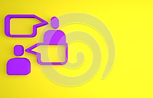 Purple Two sitting men talking icon isolated on yellow background. Speech bubble chat. Message icon. Communication or