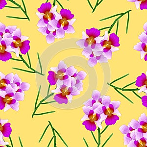 Purple Vanda Miss Joaquim Orchid on Yellow Background. Singapore National Flower. Vector Illustration