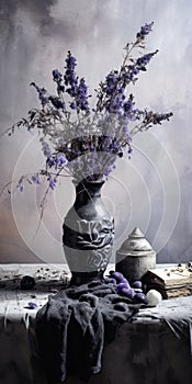 Purple Vase And Gothic Talismans Experimental Pottery In Romantic Muralistic Style