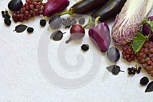 Purple vegetables and fruits. Plum, eggplant, pepper, blueberries, rowanberry. Violet organic foods high in antioxidants, anthocya
