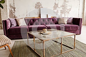 Purple velvet sofa with golden pillow in living room interior