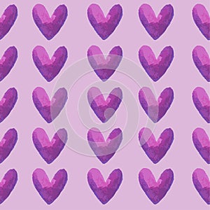 Purple violet heart seamless pattern in watercolor.