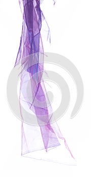 Purple Violet Organza fabric flying in curve shape, Piece of textile blue sky organza fabric throw fall in air. White background